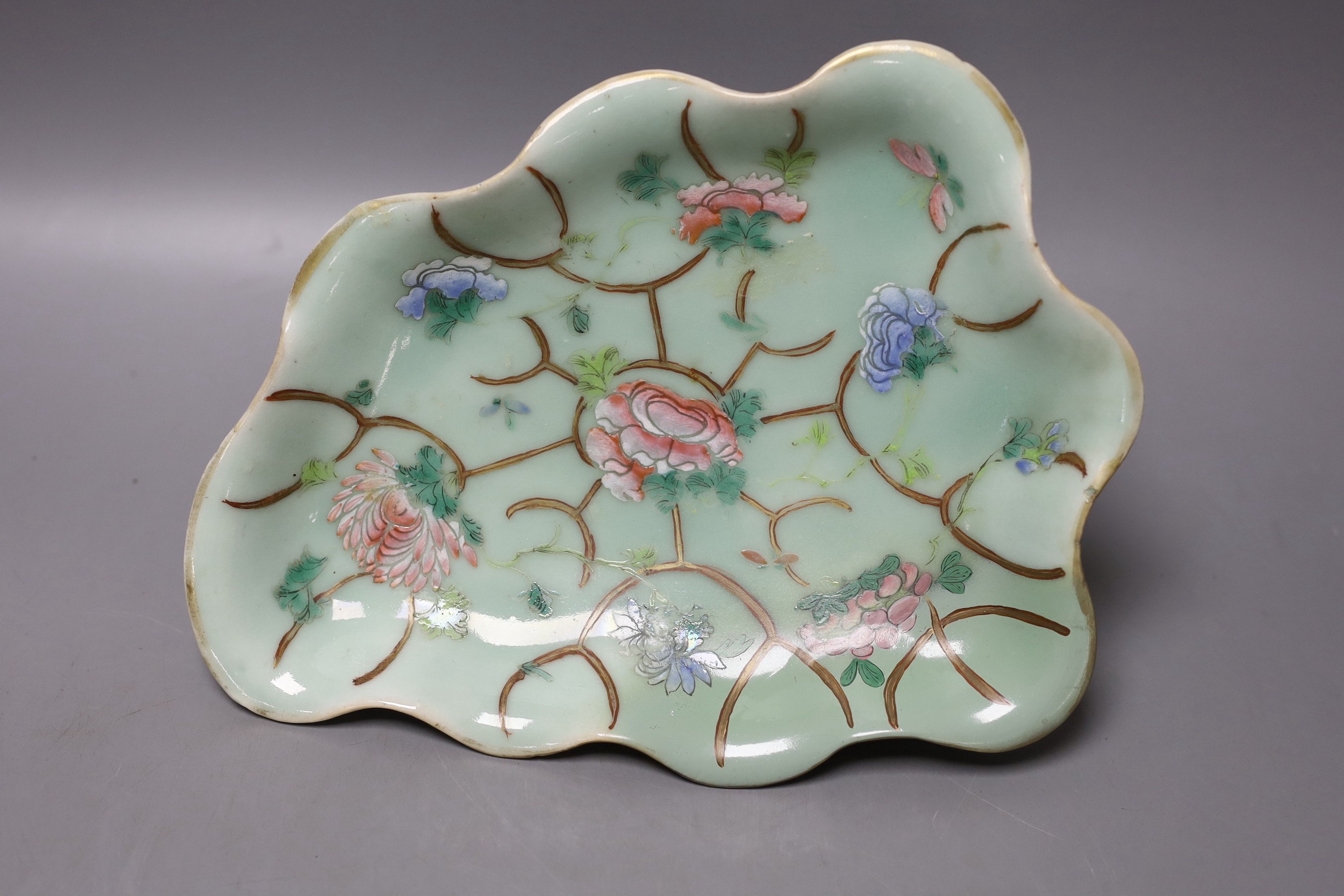 A 19th century Chinese famille rose celadon ground dish - 26.5cm long